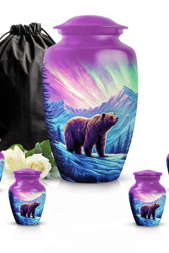 Rose Pink Bear Cremation Urn top-down view of secure threaded lid - classic sculpted bear pattern on smooth aluminum - memorial set with one large and four small urns