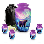 Rose Pink Bear Cremation Urn top-down view of secure threaded lid - classic sculpted bear pattern on smooth aluminum - memorial set with one large and four small urns