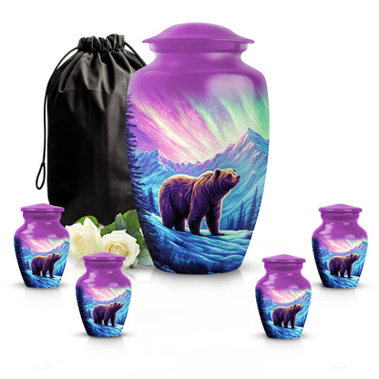 Rose Pink Bear Cremation Urn top-down view of secure threaded lid - classic sculpted bear pattern on smooth aluminum - memorial set with one large and four small urns