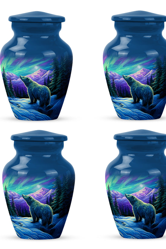 Sky Blue Bear Cremation Urn side profile showing urn shape - classic sculpted bear pattern on smooth aluminum - 10 inch aluminum urn for cremated remains