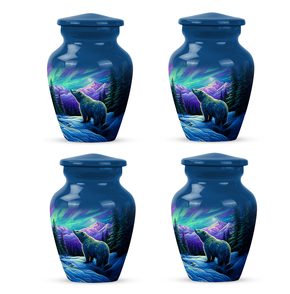 Sky Blue Bear Cremation Urn side profile showing urn shape - classic sculpted bear pattern on smooth aluminum - 10 inch aluminum urn for cremated remains