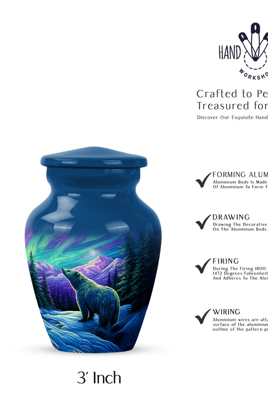 Vivid Blue Bear Cremation Urn close-up of engraving and surface detail - elegant classic bear relief with fine detailing - mini keepsake memorial for portion of cremation ashes