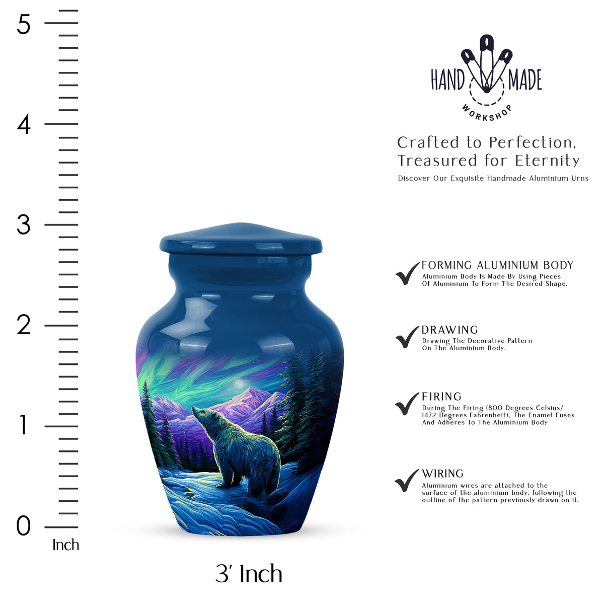 Vivid Blue Bear Cremation Urn close-up of engraving and surface detail - elegant classic bear relief with fine detailing - mini keepsake memorial for portion of cremation ashes