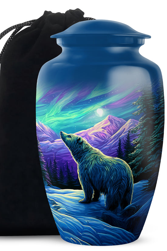 Soft Blue Bear Cremation Urn angled view of lid and engraved motif - traditional bear engraving with hand-polished finish - full-size 10 inch 200 cubic inch adult cremation urn