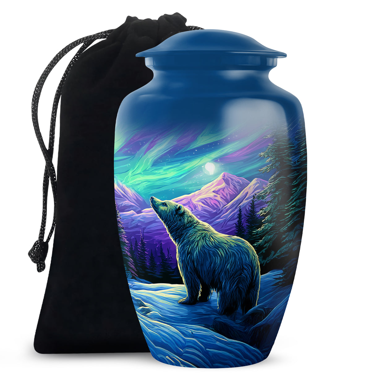 Soft Blue Bear Cremation Urn angled view of lid and engraved motif - traditional bear engraving with hand-polished finish - full-size 10 inch 200 cubic inch adult cremation urn