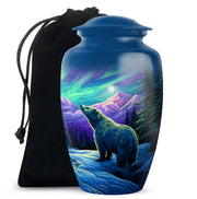 Soft Blue Bear Cremation Urn angled view of lid and engraved motif - traditional bear engraving with hand-polished finish - full-size 10 inch 200 cubic inch adult cremation urn