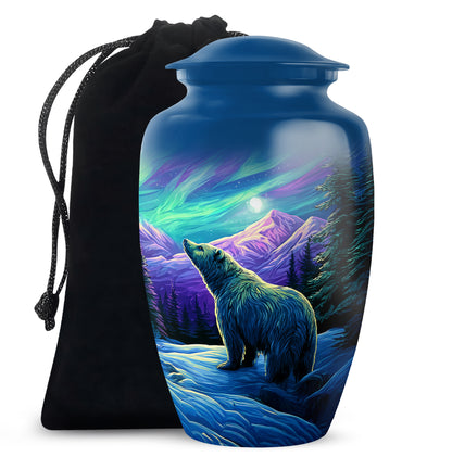 Soft Blue Bear Cremation Urn angled view of lid and engraved motif - traditional bear engraving with hand-polished finish - full-size 10 inch 200 cubic inch adult cremation urn