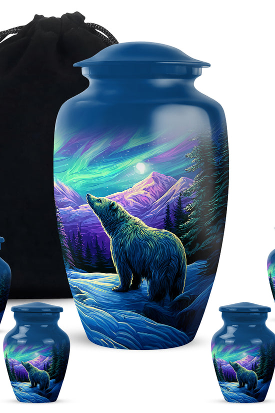 Twilight Blue Bear Cremation Urn top-down view of secure threaded lid - elegant classic bear relief with fine detailing - memorial set with one large and four small urns