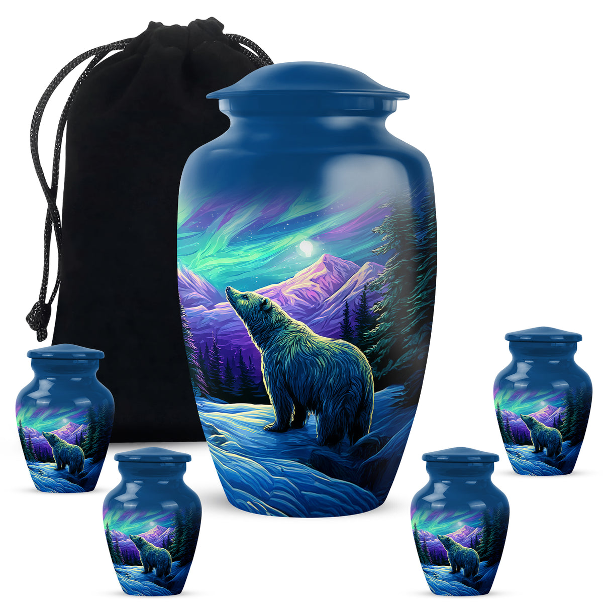 Twilight Blue Bear Cremation Urn top-down view of secure threaded lid - elegant classic bear relief with fine detailing - memorial set with one large and four small urns