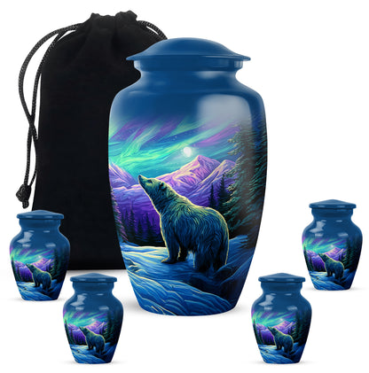 Twilight Blue Bear Cremation Urn top-down view of secure threaded lid - elegant classic bear relief with fine detailing - memorial set with one large and four small urns