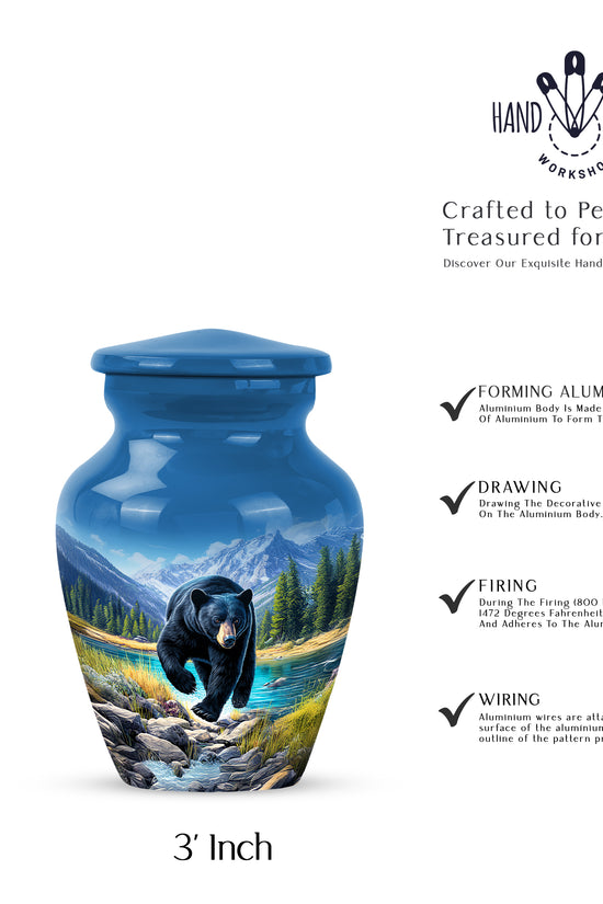 Twilight Blue Bear Cremation Urn close-up of engraving and surface detail - elegant classic bear relief with fine detailing - mini keepsake memorial for portion of cremation ashes