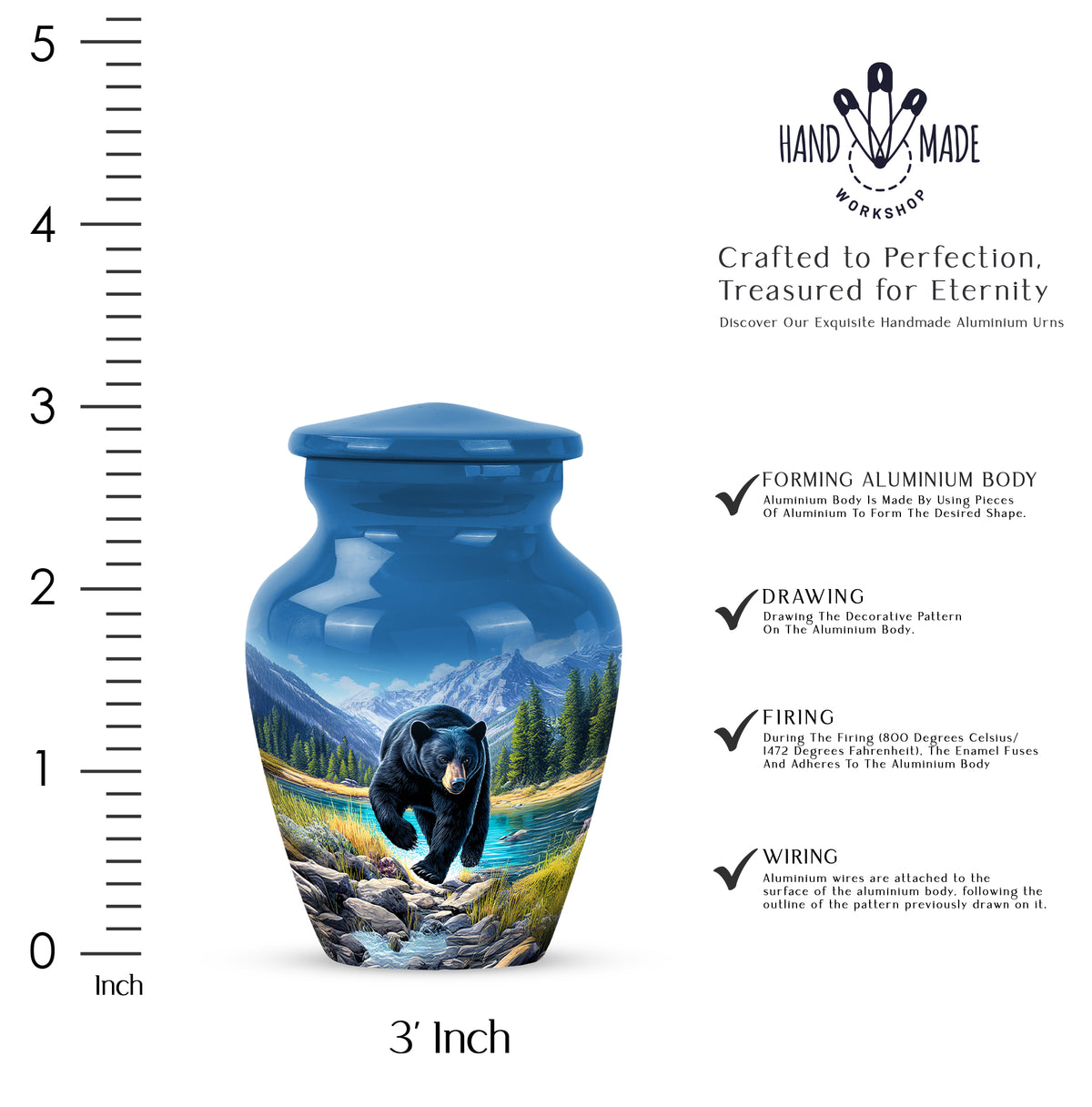 Twilight Blue Bear Cremation Urn close-up of engraving and surface detail - elegant classic bear relief with fine detailing - mini keepsake memorial for portion of cremation ashes