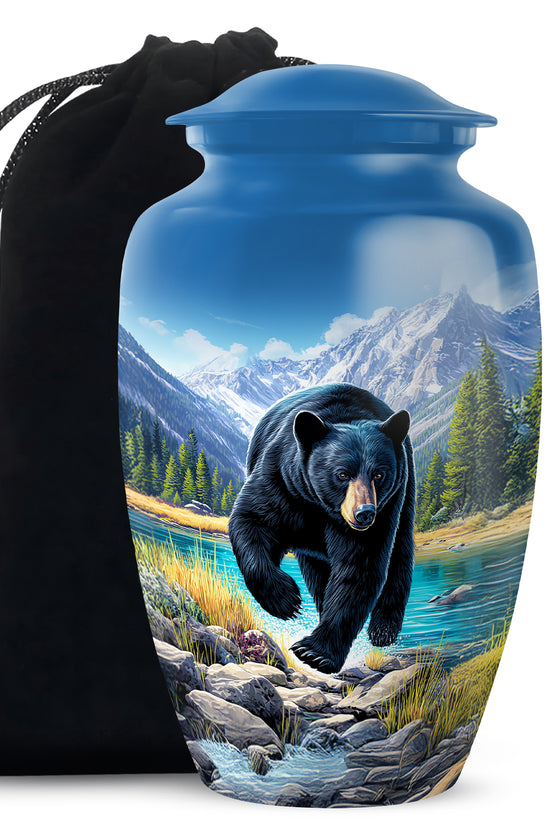 Bright Blue Bear Cremation Urn angled view of lid and engraved motif - traditional bear engraving with hand-polished finish - full-size 10 inch 200 cubic inch adult cremation urn