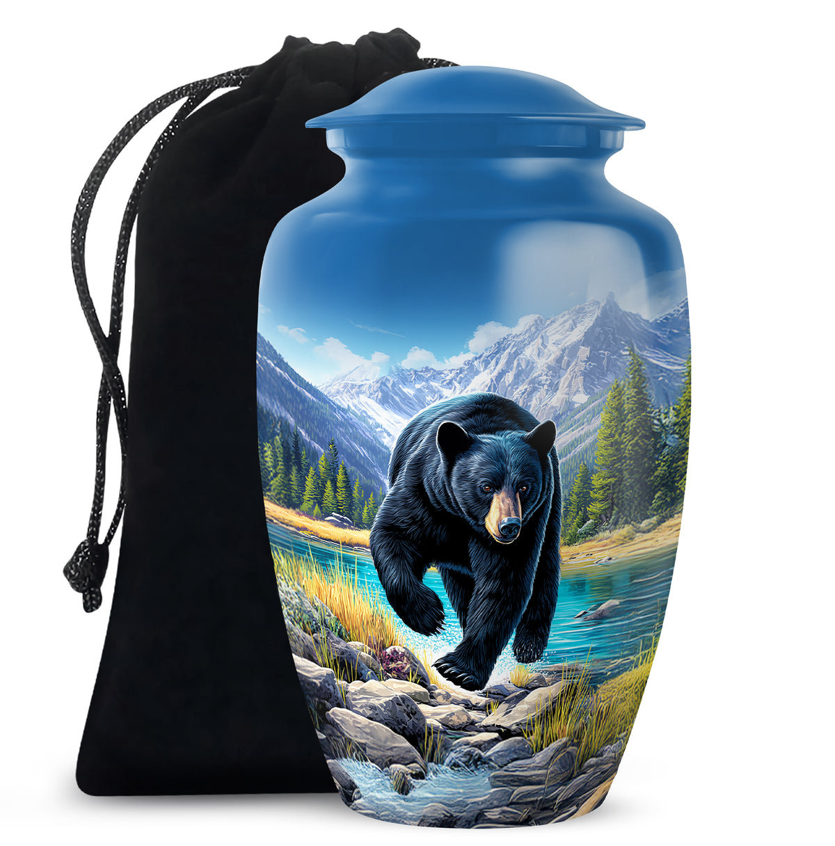 Bright Blue Bear Cremation Urn angled view of lid and engraved motif - traditional bear engraving with hand-polished finish - full-size 10 inch 200 cubic inch adult cremation urn