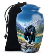 Bright Blue Bear Cremation Urn angled view of lid and engraved motif - traditional bear engraving with hand-polished finish - full-size 10 inch 200 cubic inch adult cremation urn