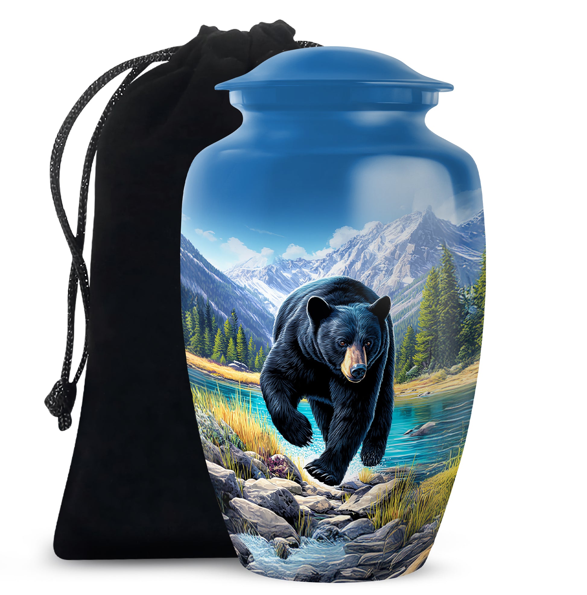 Bright Blue Bear Cremation Urn angled view of lid and engraved motif - traditional bear engraving with hand-polished finish - full-size 10 inch 200 cubic inch adult cremation urn