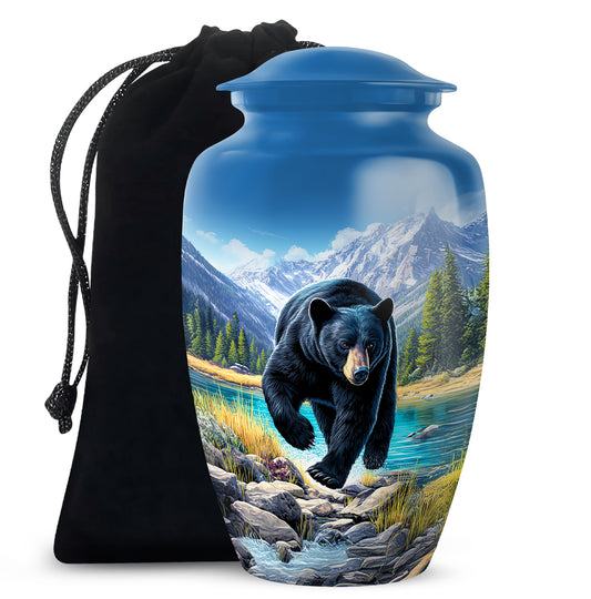Bright Blue Bear Cremation Urn angled view of lid and engraved motif - traditional bear engraving with hand-polished finish - full-size 10 inch 200 cubic inch adult cremation urn