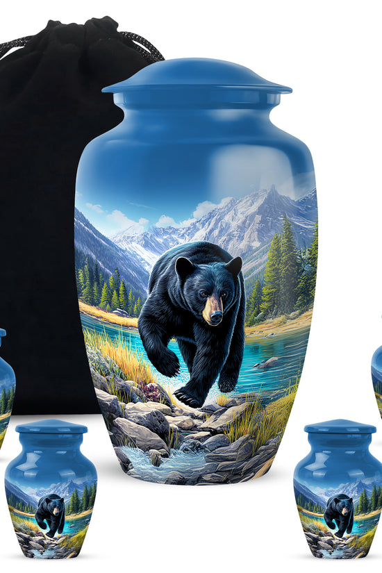 Misty Blue Bear Cremation Urn top-down view of secure threaded lid - classic sculpted bear pattern on smooth aluminum - memorial set with one large and four small urns