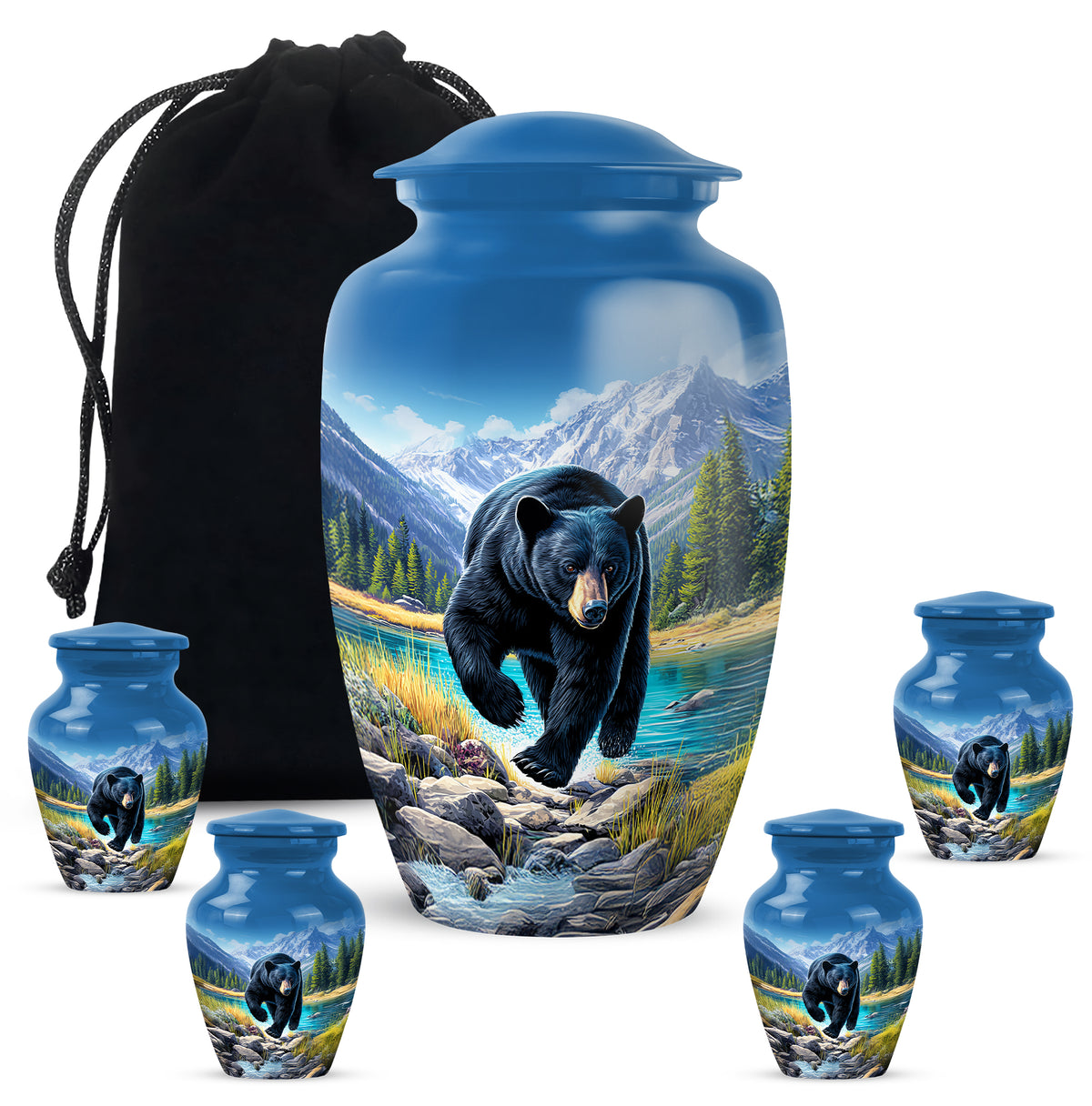 Misty Blue Bear Cremation Urn top-down view of secure threaded lid - classic sculpted bear pattern on smooth aluminum - memorial set with one large and four small urns