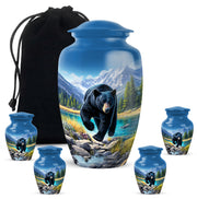 Misty Blue Bear Cremation Urn top-down view of secure threaded lid - classic sculpted bear pattern on smooth aluminum - memorial set with one large and four small urns