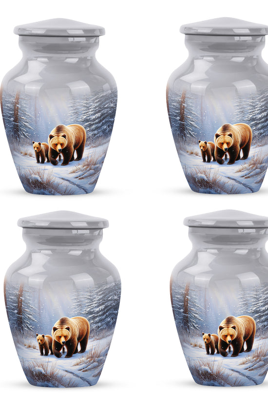 Sterling Silver Bear Cremation Urn side profile showing urn shape - classic sculpted bear pattern on smooth aluminum - 10 inch aluminum urn for cremated remains