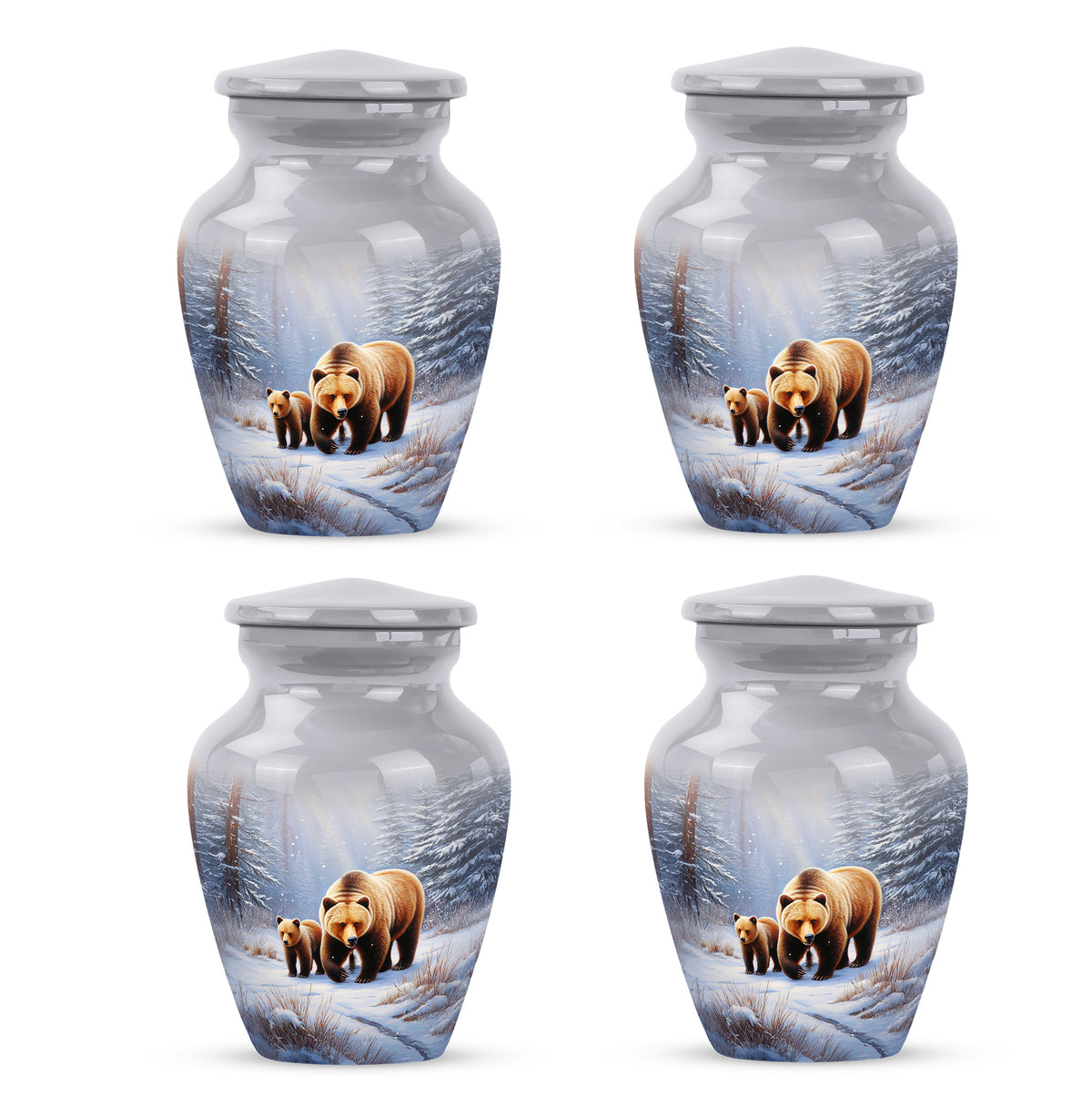 Sterling Silver Bear Cremation Urn side profile showing urn shape - classic sculpted bear pattern on smooth aluminum - 10 inch aluminum urn for cremated remains