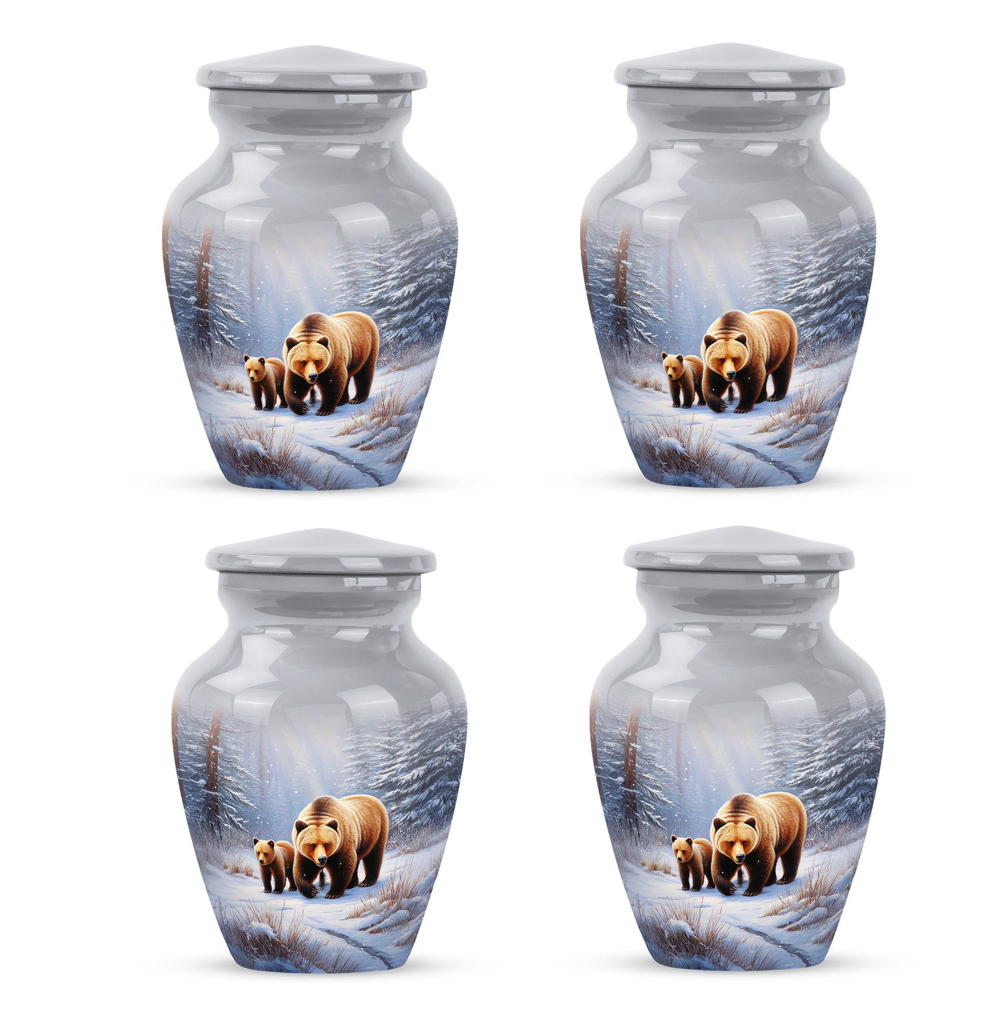 Sterling Silver Bear Cremation Urn side profile showing urn shape - classic sculpted bear pattern on smooth aluminum - 10 inch aluminum urn for cremated remains