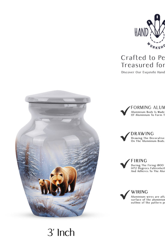Moonlight Silver Bear Cremation Urn close-up of engraving and surface detail - elegant classic bear relief with fine detailing - mini keepsake memorial for portion of cremation ashes