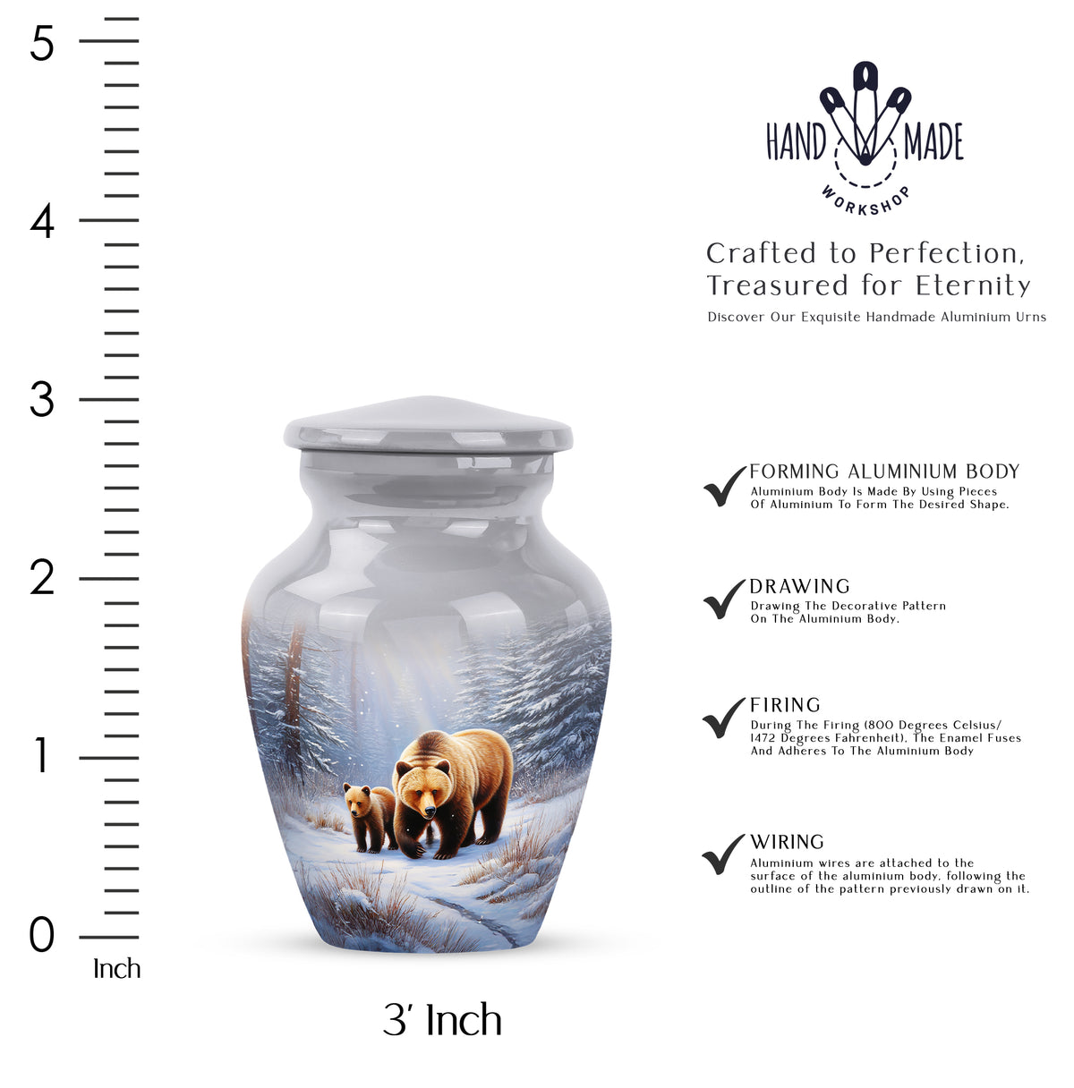 Moonlight Silver Bear Cremation Urn close-up of engraving and surface detail - elegant classic bear relief with fine detailing - mini keepsake memorial for portion of cremation ashes