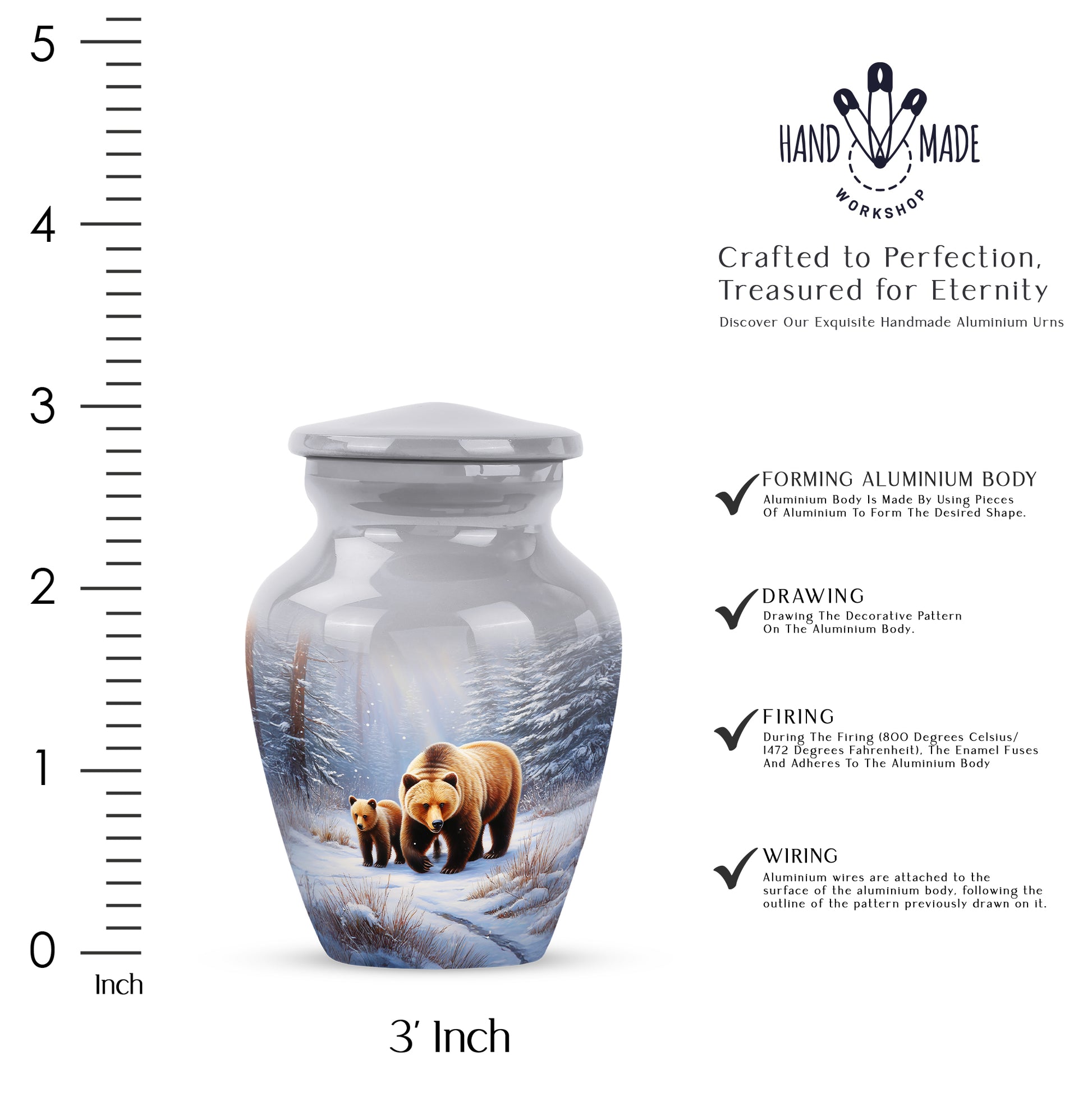 Moonlight Silver Bear Cremation Urn close-up of engraving and surface detail - elegant classic bear relief with fine detailing - mini keepsake memorial for portion of cremation ashes