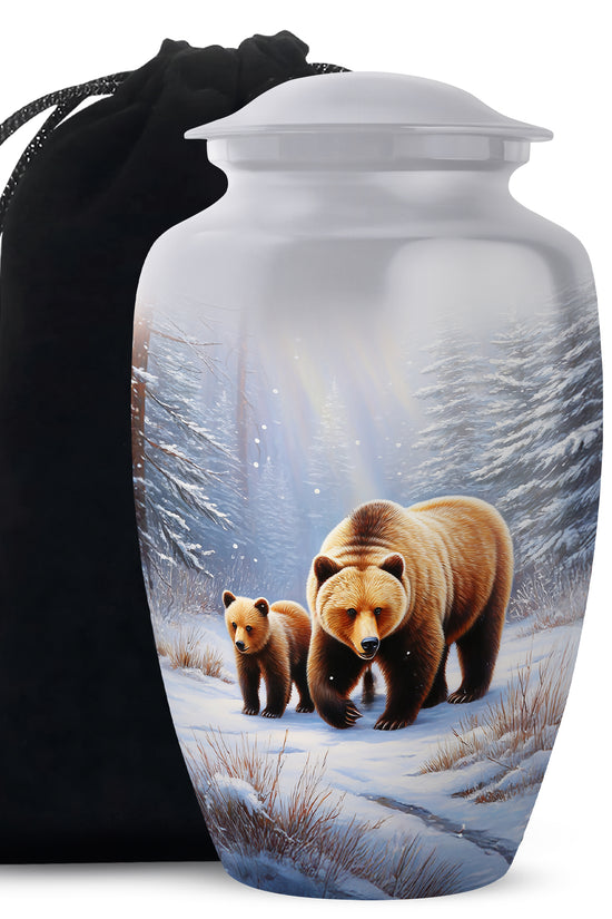 Platinum Silver Bear Cremation Urn angled view of lid and engraved motif - timeless bear motif etched into premium metal - full-size 10 inch 200 cubic inch adult cremation urn
