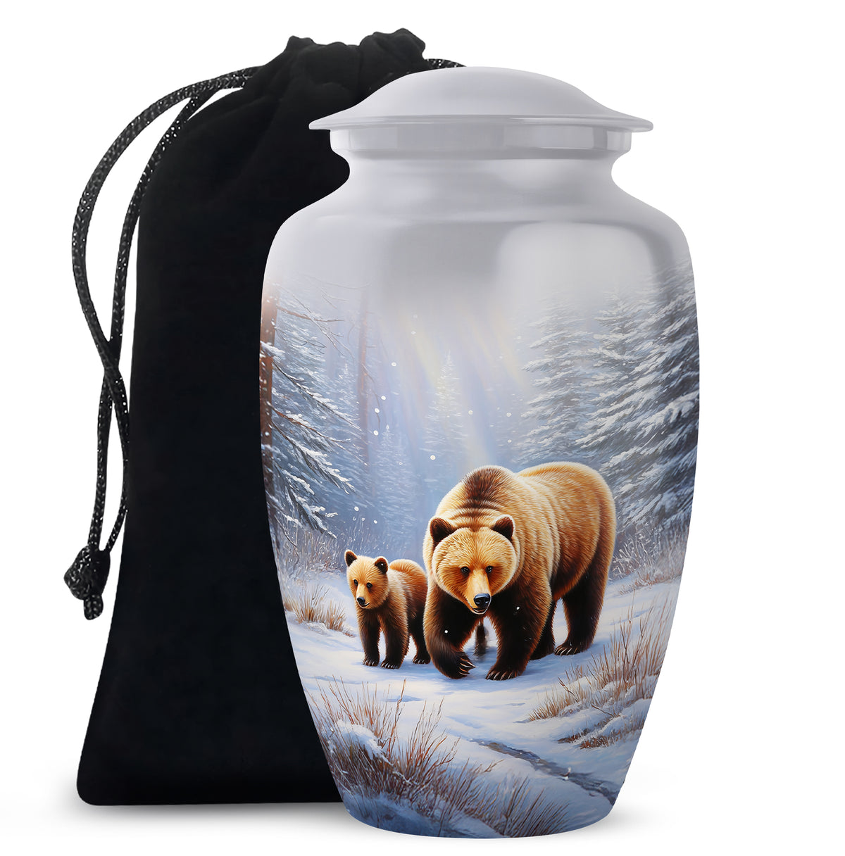 Platinum Silver Bear Cremation Urn angled view of lid and engraved motif - timeless bear motif etched into premium metal - full-size 10 inch 200 cubic inch adult cremation urn