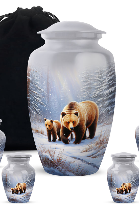 Antique Silver Bear Cremation Urn top-down view of secure threaded lid - traditional bear engraving with hand-polished finish - memorial set with one large and four small urns