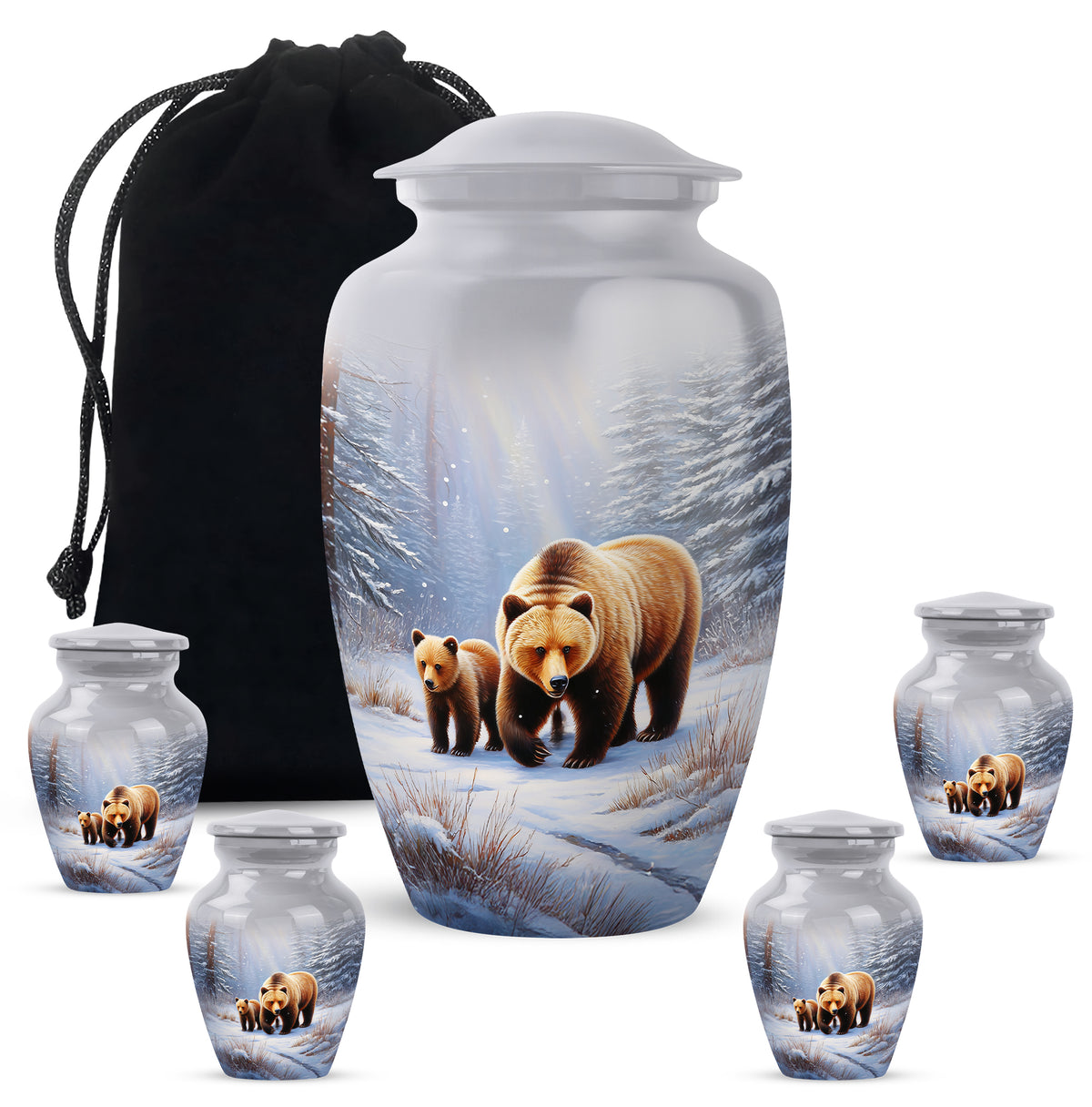 Antique Silver Bear Cremation Urn top-down view of secure threaded lid - traditional bear engraving with hand-polished finish - memorial set with one large and four small urns
