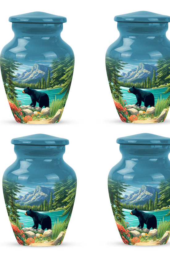 Cobalt Blue Bear Cremation Urn side profile showing urn shape - traditional bear engraving with hand-polished finish - 10 inch aluminum urn for cremated remains