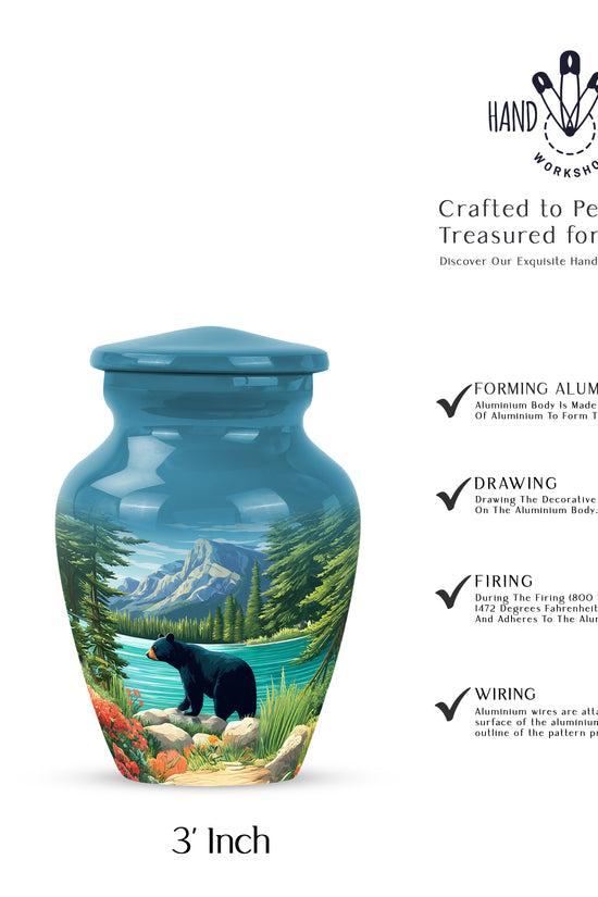 Powder Blue Bear Cremation Urn close-up of engraving and surface detail - classic sculpted bear pattern on smooth aluminum - mini keepsake memorial for portion of cremation ashes