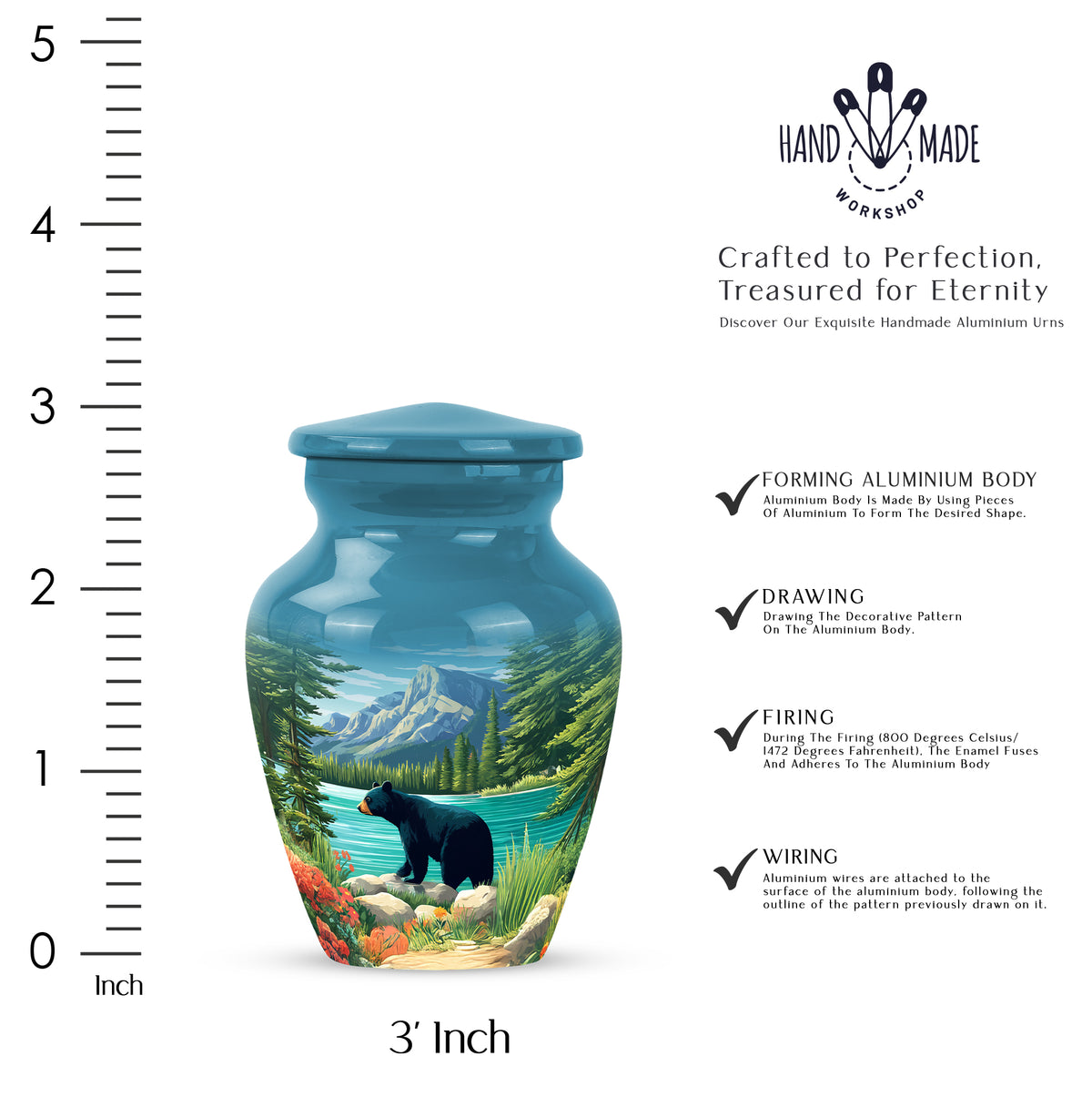 Powder Blue Bear Cremation Urn close-up of engraving and surface detail - classic sculpted bear pattern on smooth aluminum - mini keepsake memorial for portion of cremation ashes