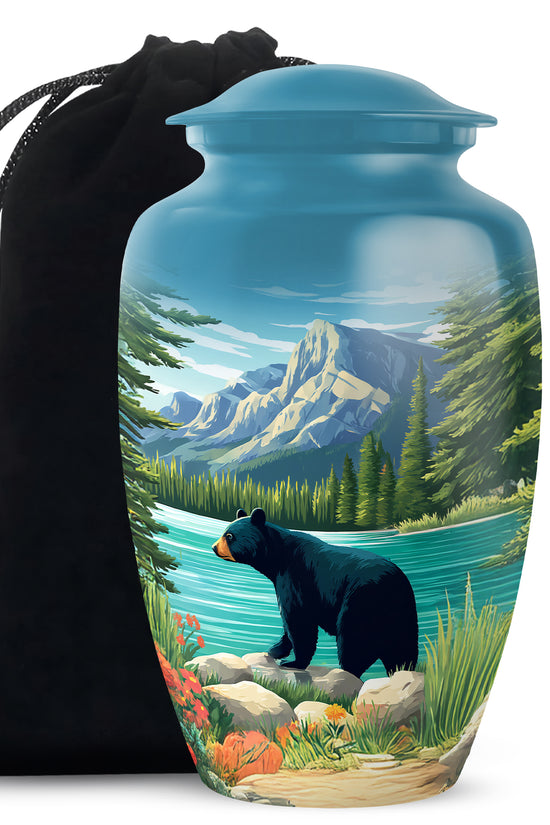 Powder Blue Bear Cremation Urn angled view of lid and engraved motif - timeless bear motif etched into premium metal - full-size 10 inch 200 cubic inch adult cremation urn
