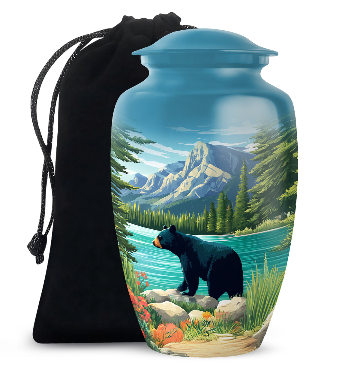 Powder Blue Bear Cremation Urn angled view of lid and engraved motif - timeless bear motif etched into premium metal - full-size 10 inch 200 cubic inch adult cremation urn