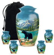 Calming Blue Bear Cremation Urn top-down view of secure threaded lid - traditional bear engraving with hand-polished finish - memorial set with one large and four small urns