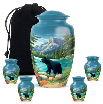 Calming Blue Bear Cremation Urn top-down view of secure threaded lid - traditional bear engraving with hand-polished finish - memorial set with one large and four small urns