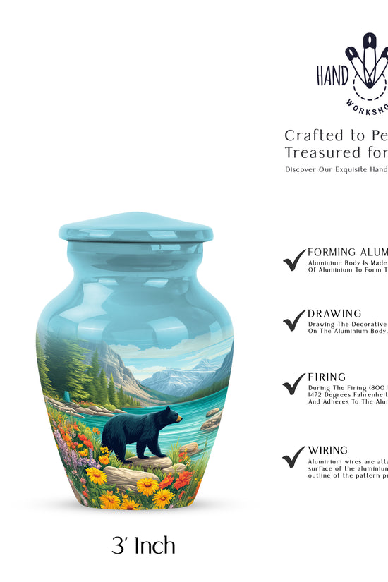 Soft Teal Bear Cremation Urn close-up of engraving and surface detail - classic sculpted bear pattern on smooth aluminum - mini keepsake memorial for portion of cremation ashes