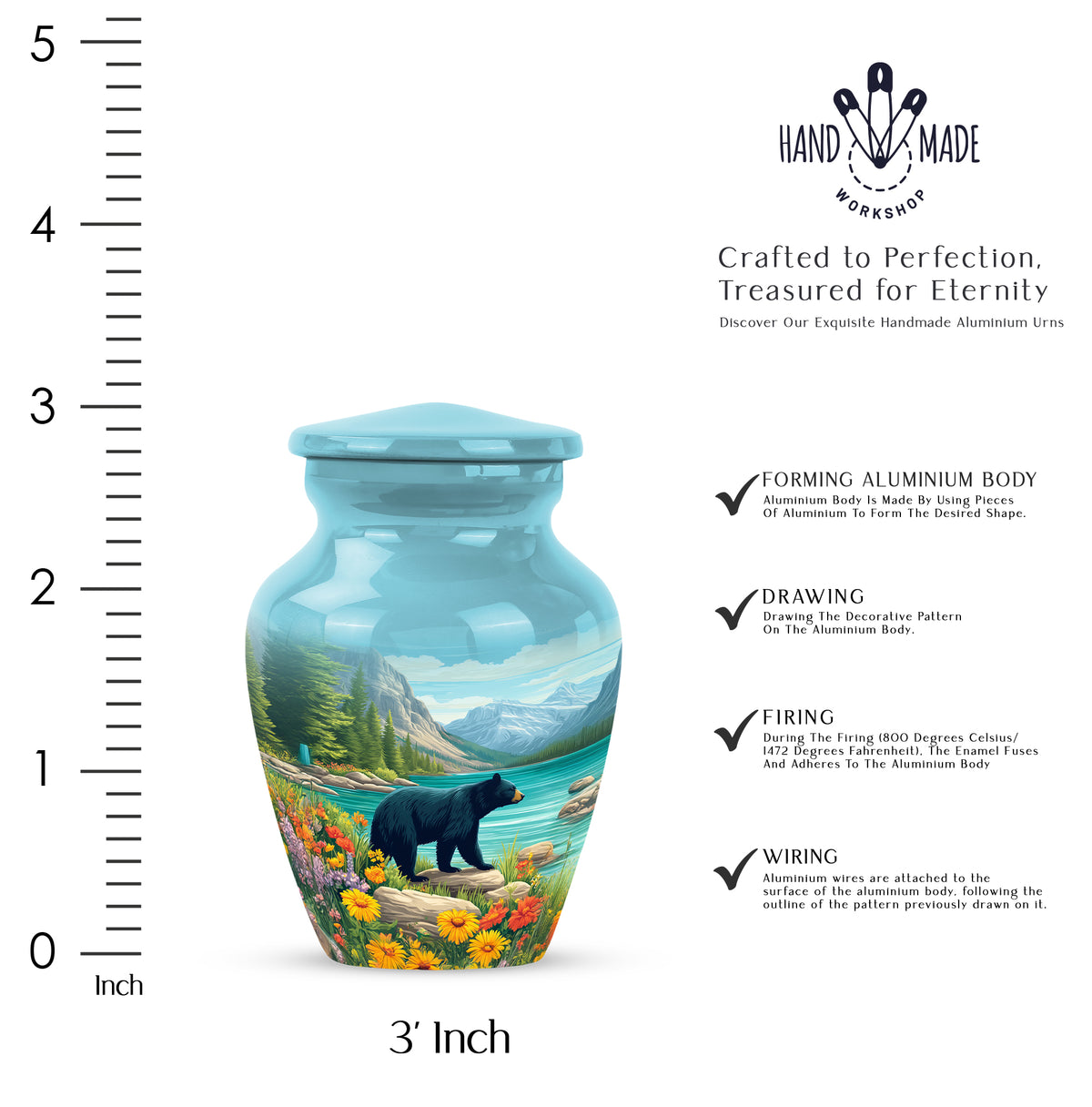 Soft Teal Bear Cremation Urn close-up of engraving and surface detail - classic sculpted bear pattern on smooth aluminum - mini keepsake memorial for portion of cremation ashes