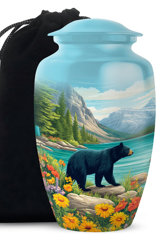 Soft Teal Bear Cremation Urn angled view of lid and engraved motif - classic sculpted bear pattern on smooth aluminum - full-size 10 inch 200 cubic inch adult cremation urn
