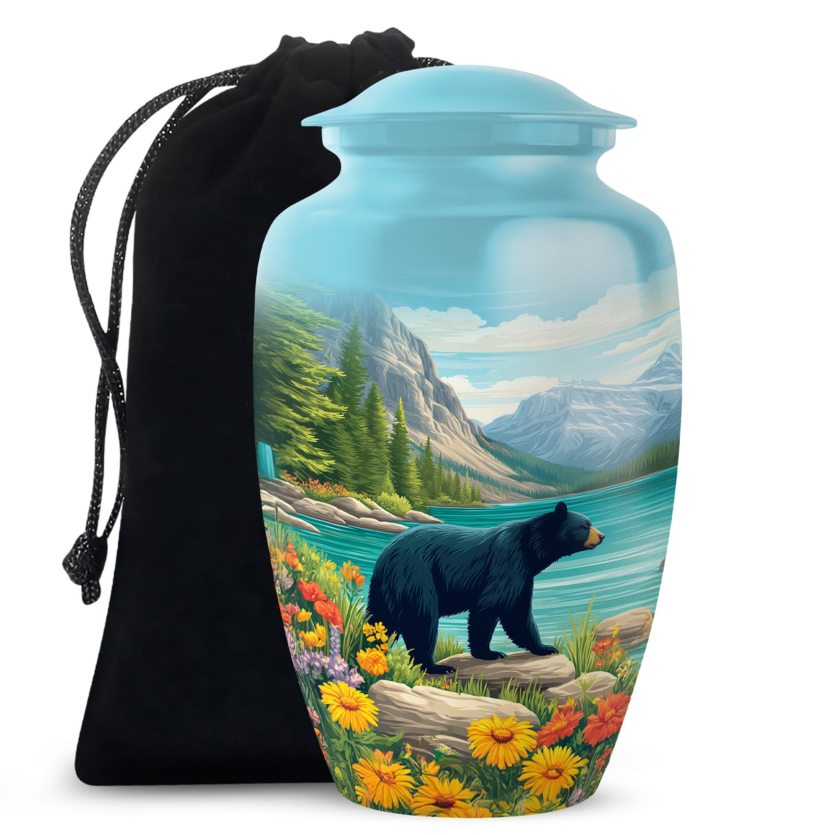 Soft Teal Bear Cremation Urn angled view of lid and engraved motif - classic sculpted bear pattern on smooth aluminum - full-size 10 inch 200 cubic inch adult cremation urn