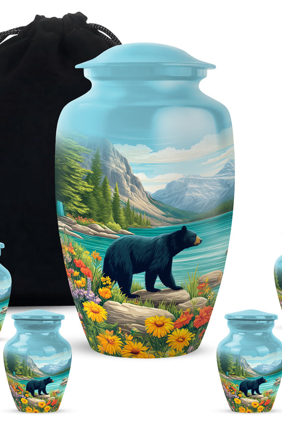 Sea Green Teal Bear Cremation Urn top-down view of secure threaded lid - classic sculpted bear pattern on smooth aluminum - memorial set with one large and four small urns