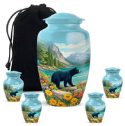 Sea Green Teal Bear Cremation Urn top-down view of secure threaded lid - classic sculpted bear pattern on smooth aluminum - memorial set with one large and four small urns
