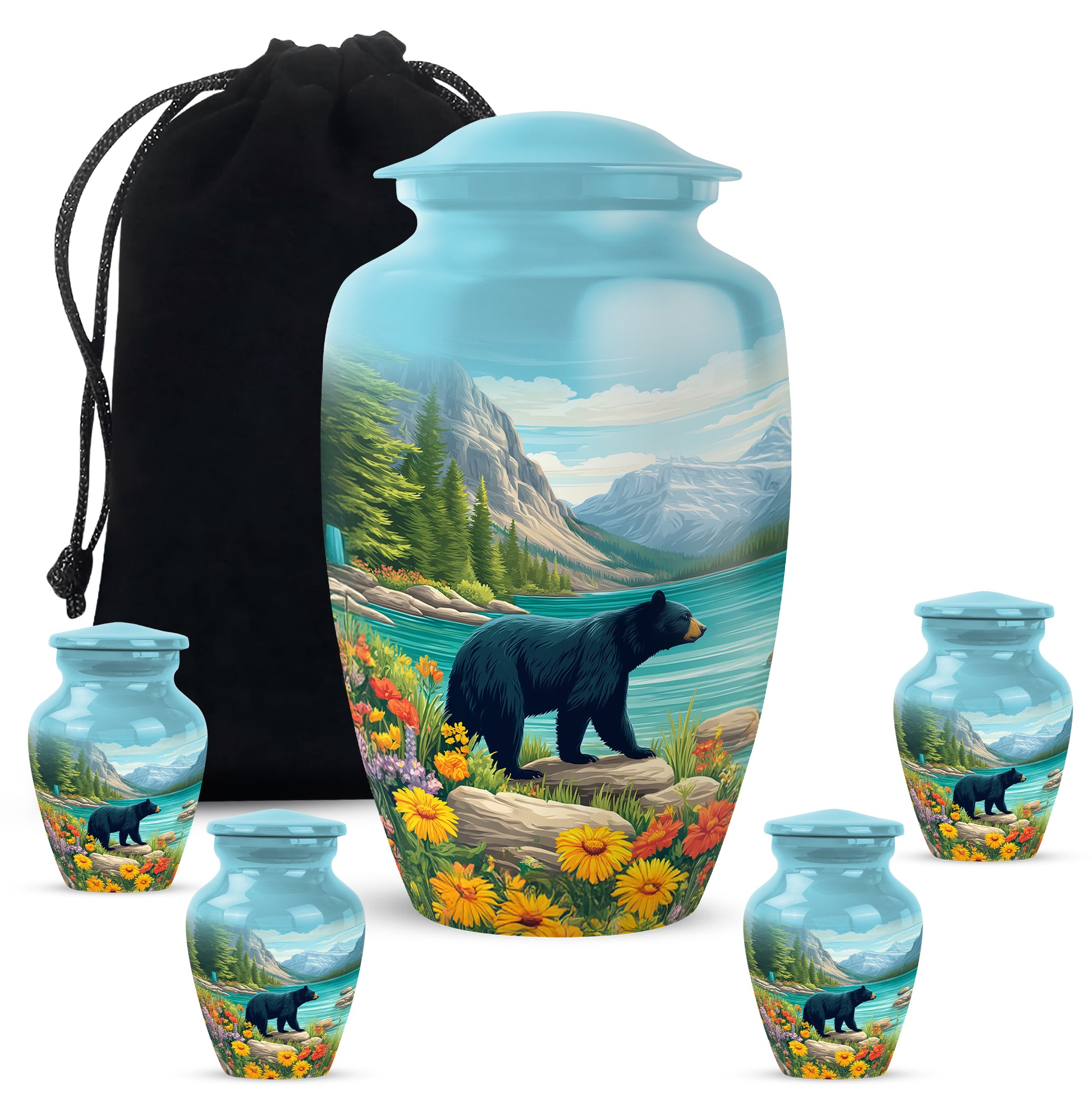 Sea Green Teal Bear Cremation Urn top-down view of secure threaded lid - classic sculpted bear pattern on smooth aluminum - memorial set with one large and four small urns