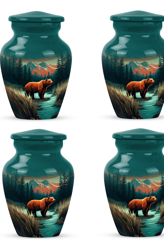 Cool Teal Bear Cremation Urn side profile showing urn shape - timeless bear motif etched into premium metal - 10 inch aluminum urn for cremated remains
