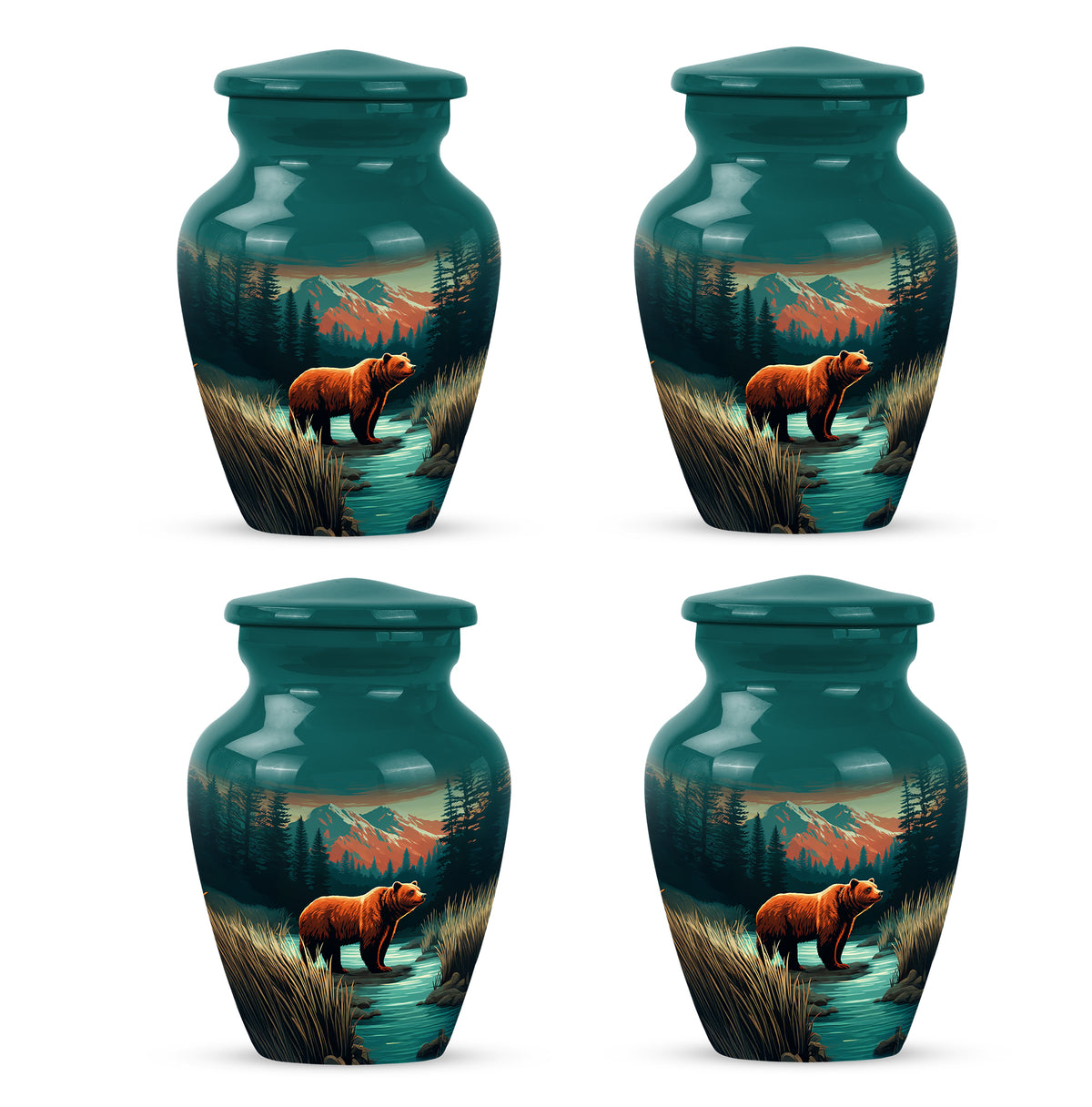 Cool Teal Bear Cremation Urn side profile showing urn shape - timeless bear motif etched into premium metal - 10 inch aluminum urn for cremated remains